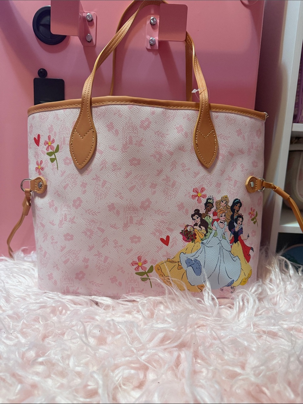 Disney Pink Tote Bag with Tan Trim and Princess Art